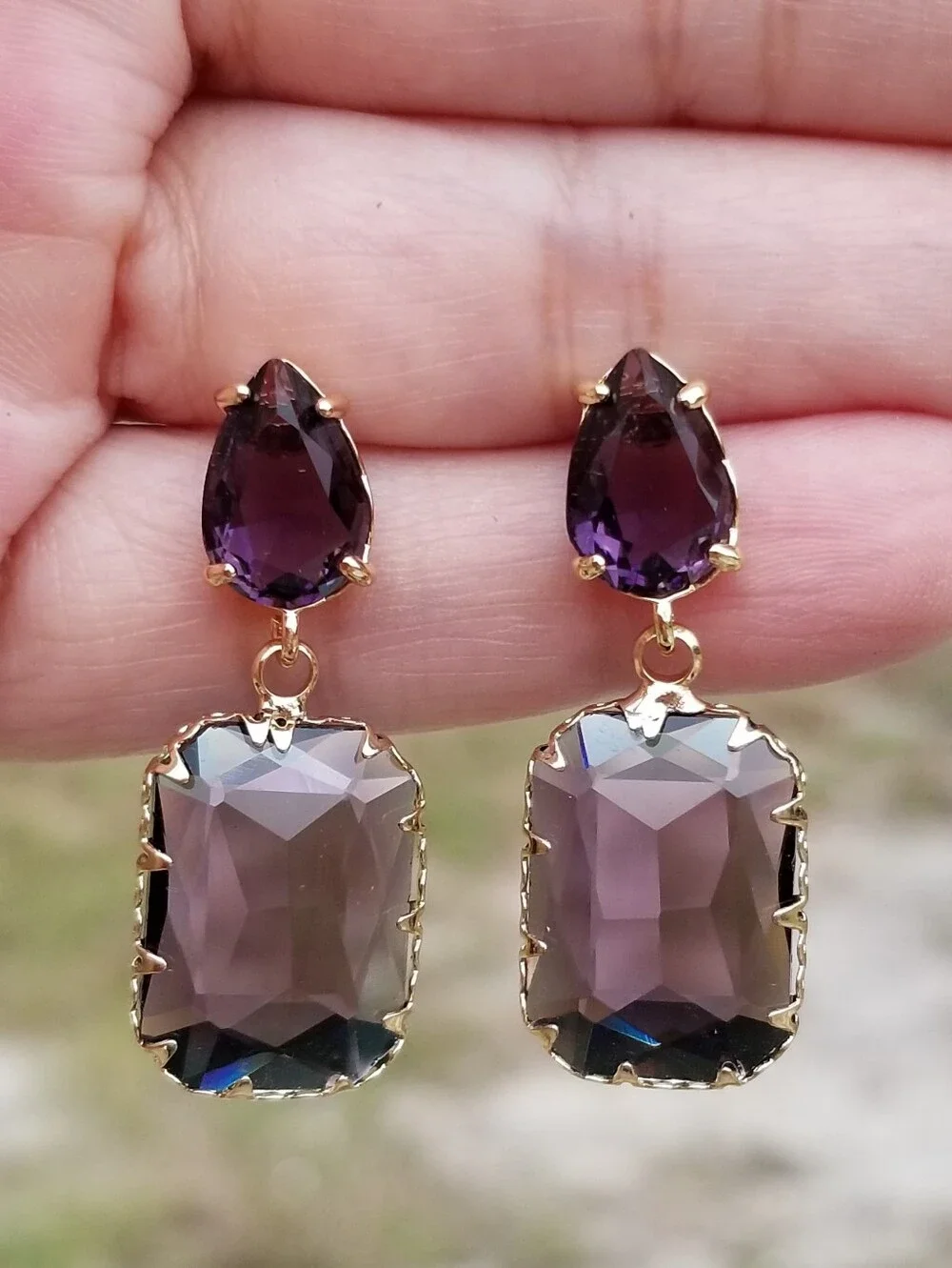 14k Gold Amethyst Stud Earrings, Rectangular Amethyst Dangle Earrings